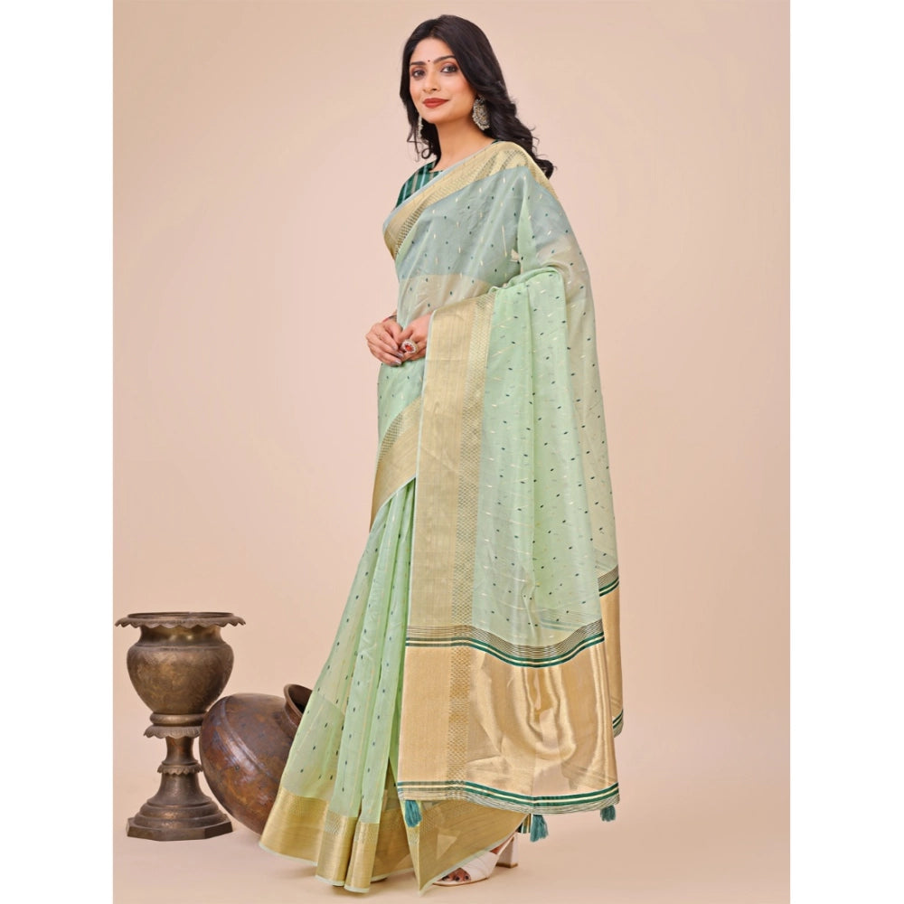 Generic Women's Organza Printed Saree With Unstitched Blouse 5.5Mtr (Olive Green)