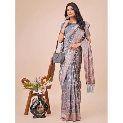 Generic Women's Linen Cotton Printed Saree With Unstitched Blouse 5.5Mtr (Grey)
