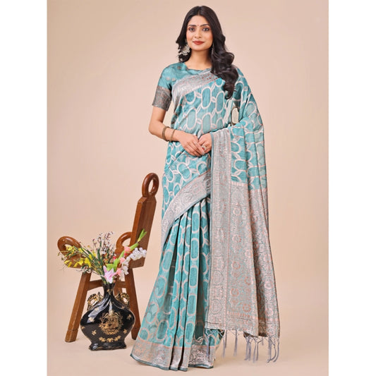 Generic Women's Linen Cotton Printed Saree With Unstitched Blouse 5.5Mtr (Teal)