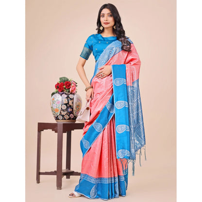 Generic Women's Lichi Silk Printed Saree With Unstitched Blouse 5.5Mtr (Peach)