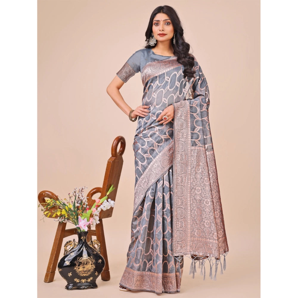 Generic Women's Linen Cotton Printed Saree With Unstitched Blouse 5.5Mtr (Grey)