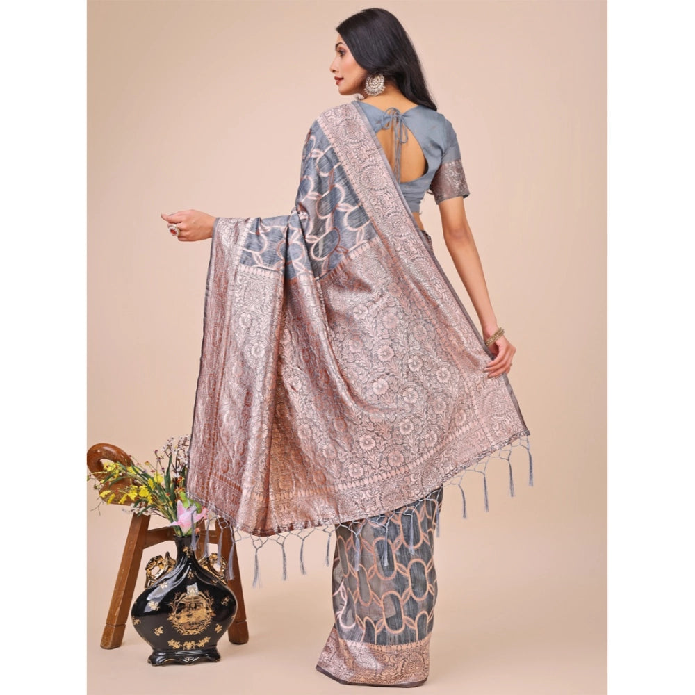 Generic Women's Linen Cotton Printed Saree With Unstitched Blouse 5.5Mtr (Grey)