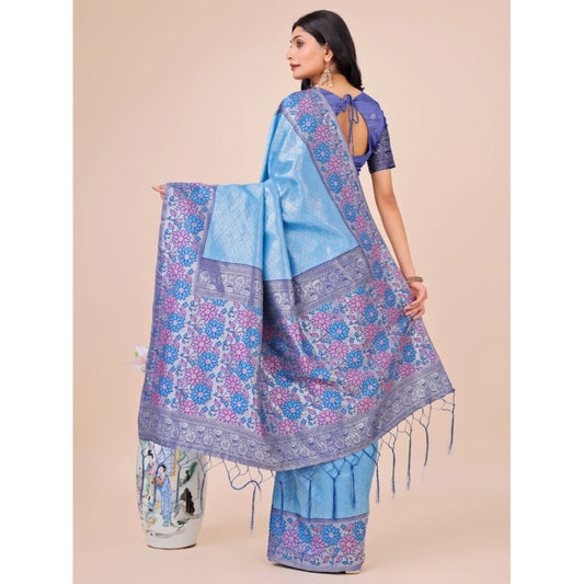 Generic Women's Lichi Silk Printed Saree With Unstitched Blouse 5.5Mtr (Sky Blue)