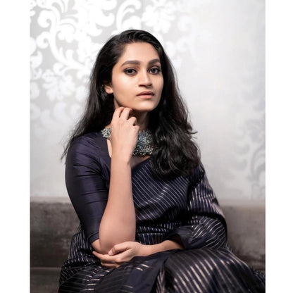 Generic Women's Silk Printed Saree With Unstitched Blouse 5.5Mtr (Black)