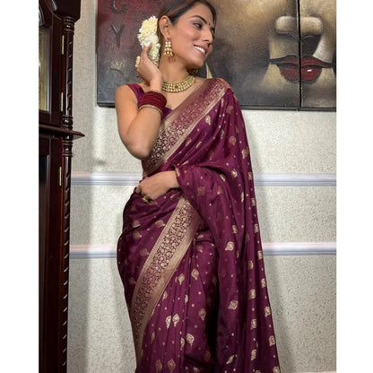 Generic Women's Silk Printed Saree With Unstitched Blouse 5.5Mtr (Wine)