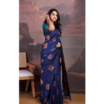 Generic Women's Silk Printed Saree With Unstitched Blouse 5.5Mtr (Navy Blue)