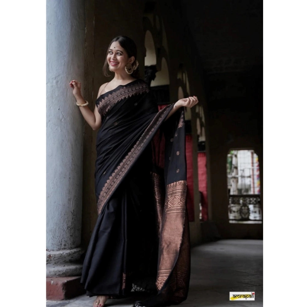 Generic Women's Silk Printed Saree With Unstitched Blouse 5.5Mtr (Black)