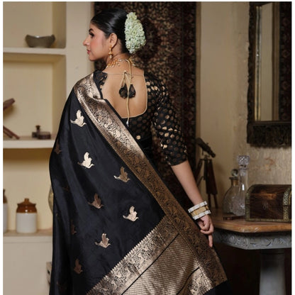Generic Women's Silk Printed Saree With Unstitched Blouse 5.5Mtr (Black)
