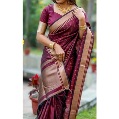 Generic Women's Silk Printed Saree With Unstitched Blouse 5.5Mtr (Maroon)