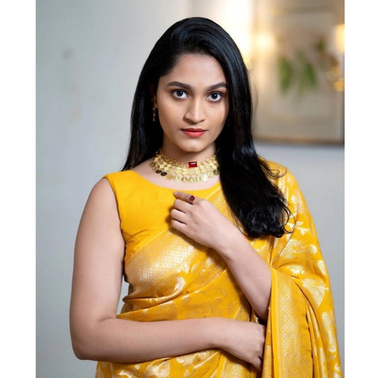 Generic Women's Silk Printed Saree With Unstitched Blouse 5.5Mtr (Yellow)