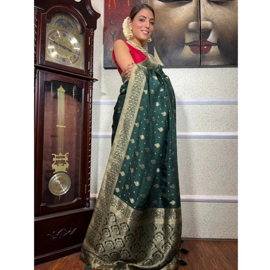 Generic Women's Silk Printed Saree With Unstitched Blouse 5.5Mtr (Green)