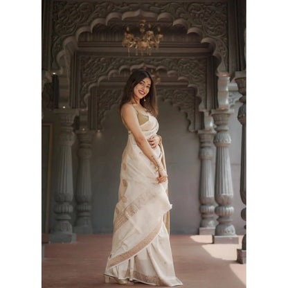 Generic Women's Cotton  Printed Saree With Unstitched Blouse 5.5Mtr (Cream)