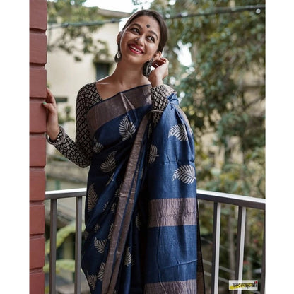 Generic Women's Silk Printed Saree With Unstitched Blouse 5.5Mtr (Navy Blue)