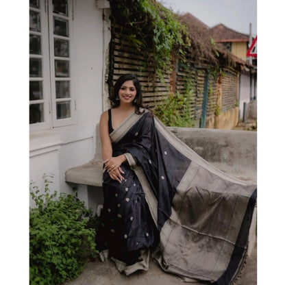 Generic Women's Silk Printed Saree With Unstitched Blouse 5.5Mtr (Black)