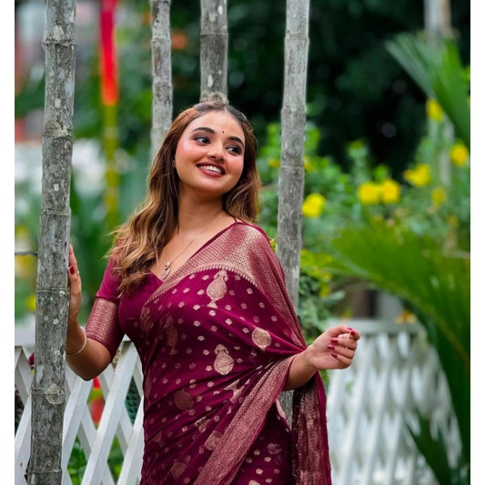 Generic Women's Silk Printed Saree With Unstitched Blouse 5.5Mtr (Wine)