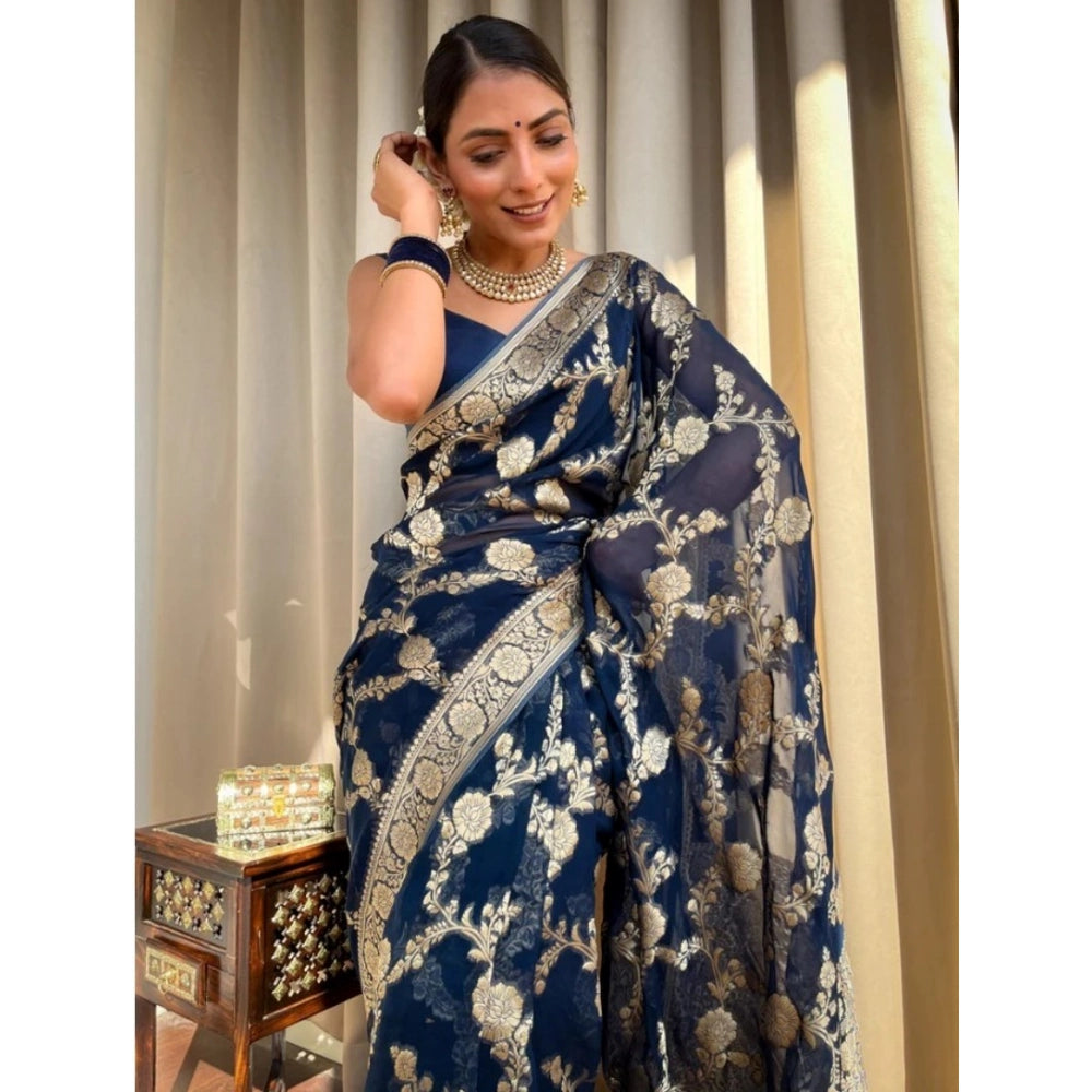Generic Women's Silk Printed Saree With Unstitched Blouse 5.5Mtr (Dark Blue)