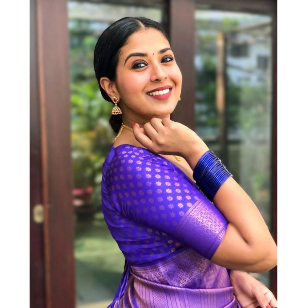 Generic Women's Silk Printed Saree With Unstitched Blouse 5.5Mtr (Blue)