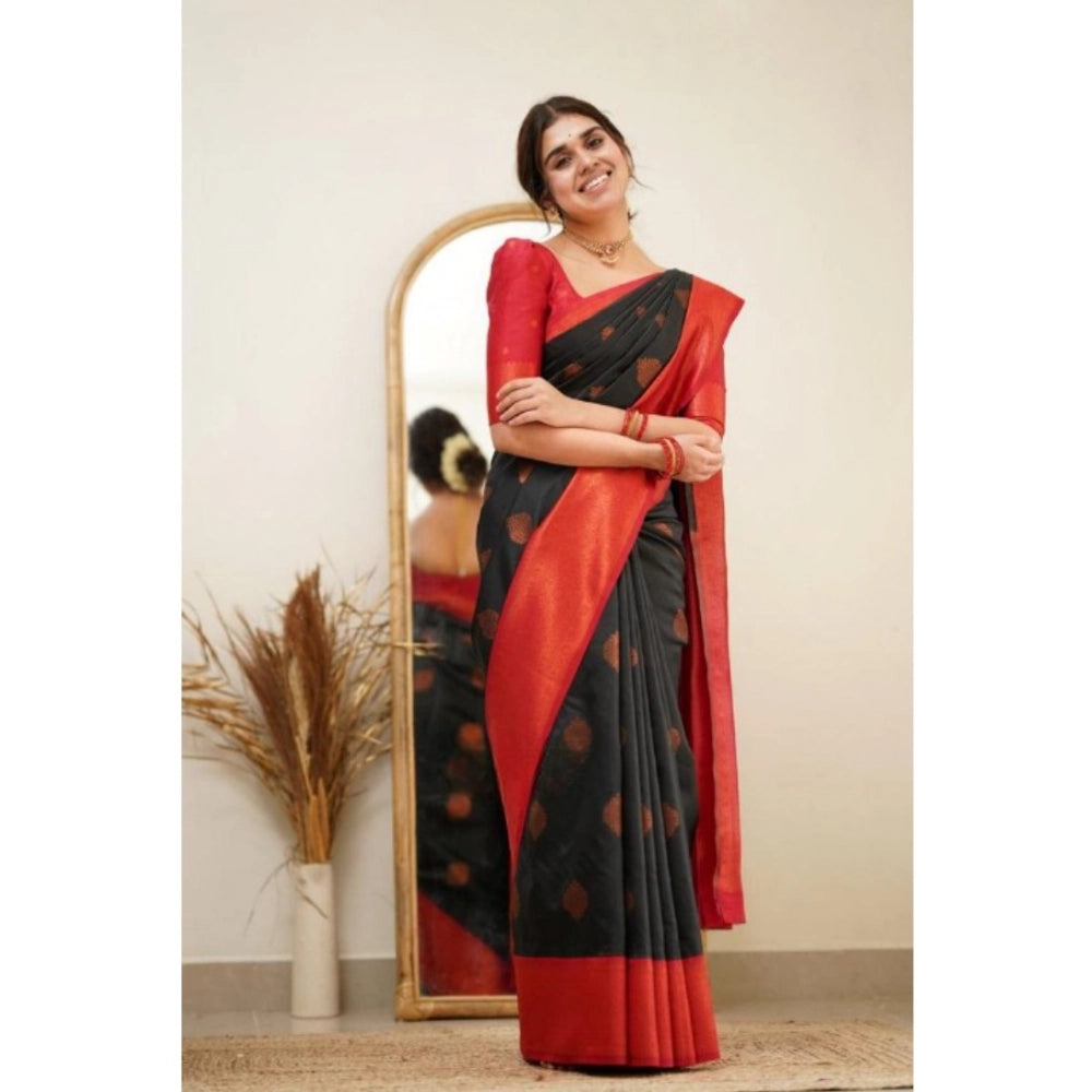 Generic Women's Silk Printed Saree With Unstitched Blouse 5.5Mtr (Black)