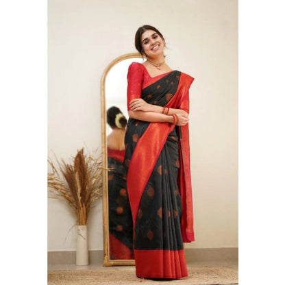 Generic Women's Silk Printed Saree With Unstitched Blouse 5.5Mtr (Black)