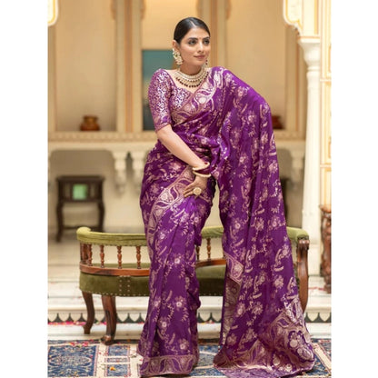 Generic Women's Silk Printed Saree With Unstitched Blouse 5.5Mtr (Purple)