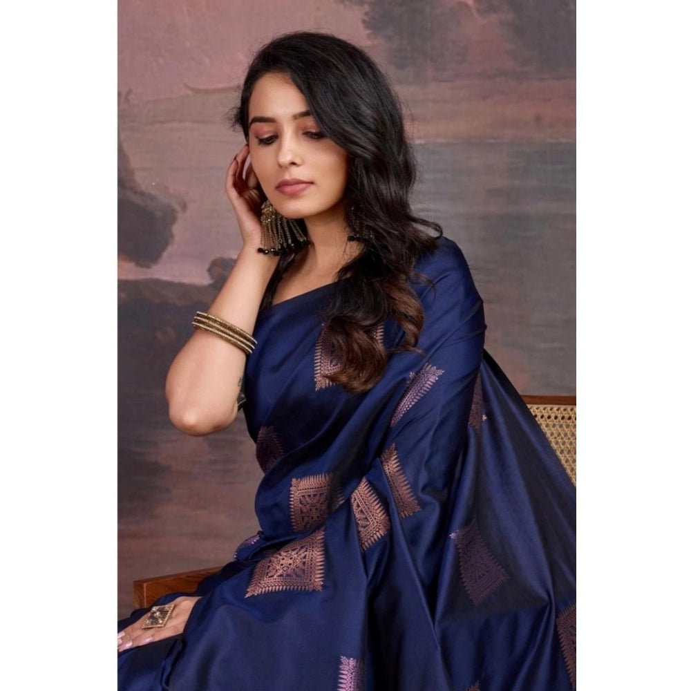 Generic Women's Silk Printed Saree With Unstitched Blouse 5.5Mtr (Navy Blue)
