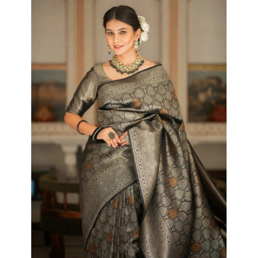 Generic Women's Silk Printed Saree With Unstitched Blouse 5.5Mtr (Black)