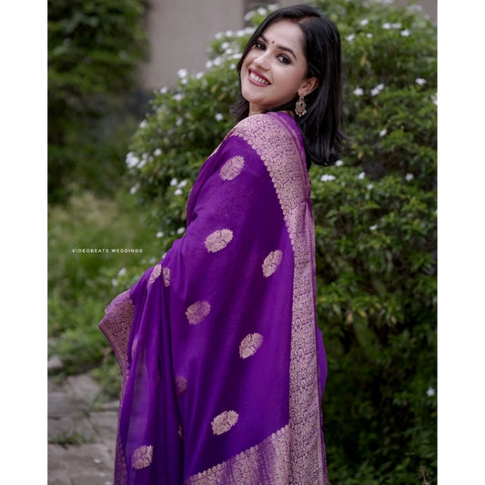 Generic Women's Silk Printed Saree With Unstitched Blouse 5.5Mtr (Purple)
