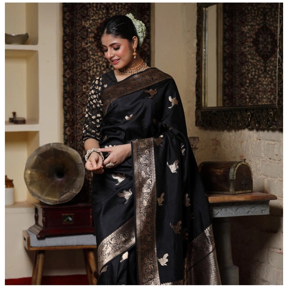 Generic Women's Silk Printed Saree With Unstitched Blouse 5.5Mtr (Black)
