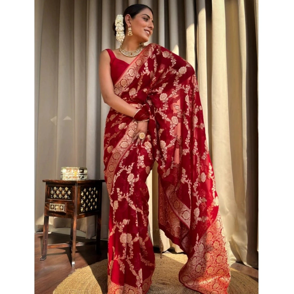 Generic Women's Silk Printed Saree With Unstitched Blouse 5.5Mtr (Red)
