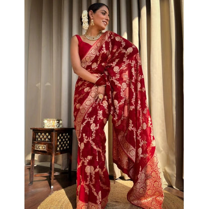 Generic Women's Silk Printed Saree With Unstitched Blouse 5.5Mtr (Red)