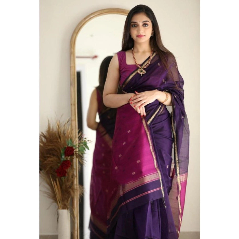 Generic Women's Cotton  Printed Saree With Unstitched Blouse 5.5Mtr (Navy Blue)