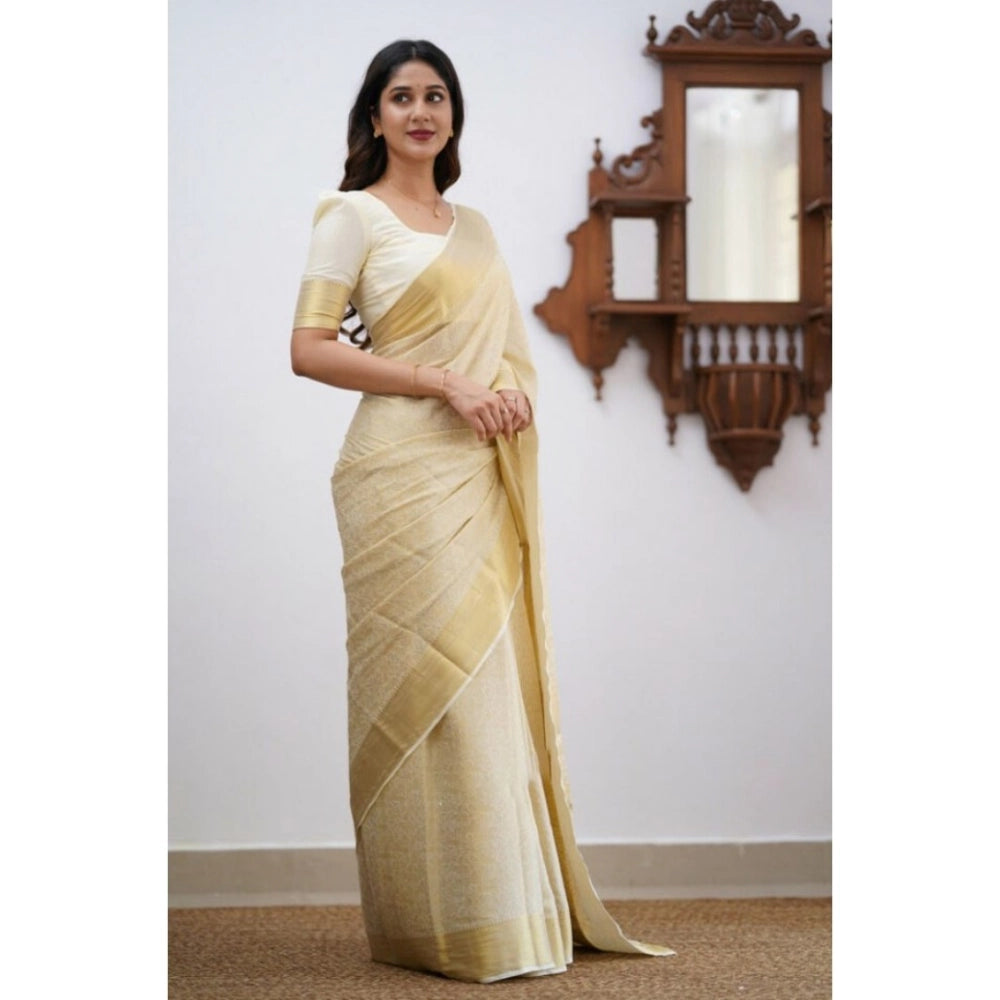Generic Women's Silk Printed Saree With Unstitched Blouse 5.5Mtr (Cream)
