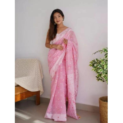 Generic Women's Cotton  Printed Saree With Unstitched Blouse 5.5Mtr (Pink)