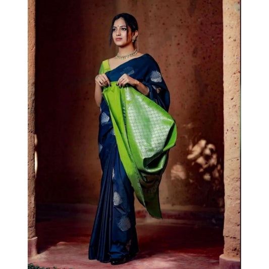 Generic Women's Silk Printed Saree With Unstitched Blouse 5.5Mtr (Navy Blue)