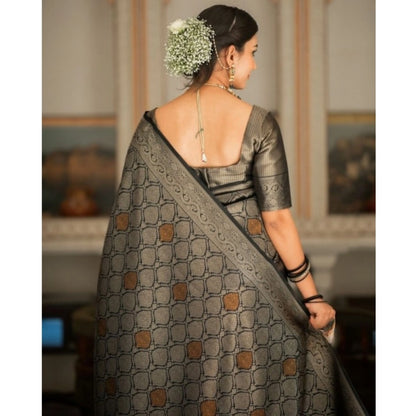 Generic Women's Silk Printed Saree With Unstitched Blouse 5.5Mtr (Black)