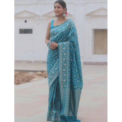 Generic Women's Silk Printed Saree With Unstitched Blouse 5.5Mtr (Sky Blue)