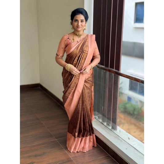 Generic Women's Silk Printed Saree With Unstitched Blouse 5.5Mtr (Brown)