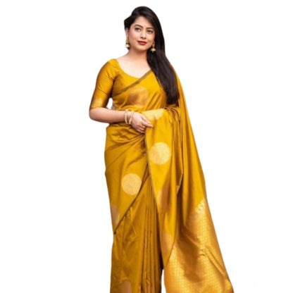 Generic Women's Silk Printed Saree With Unstitched Blouse 5.5Mtr (Yellow)