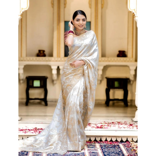 Generic Women's Silk Printed Saree With Unstitched Blouse 5.5Mtr (White)