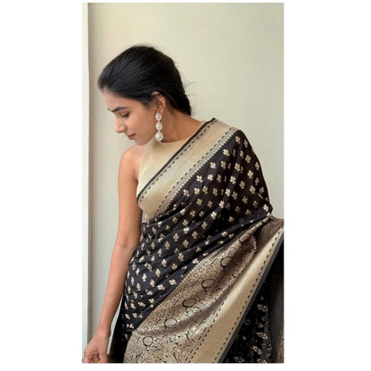 Generic Women's Silk Printed Saree With Unstitched Blouse 5.5Mtr (Black)