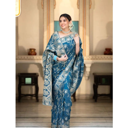 Generic Women's Silk Printed Saree With Unstitched Blouse 5.5Mtr (Teal Blue)
