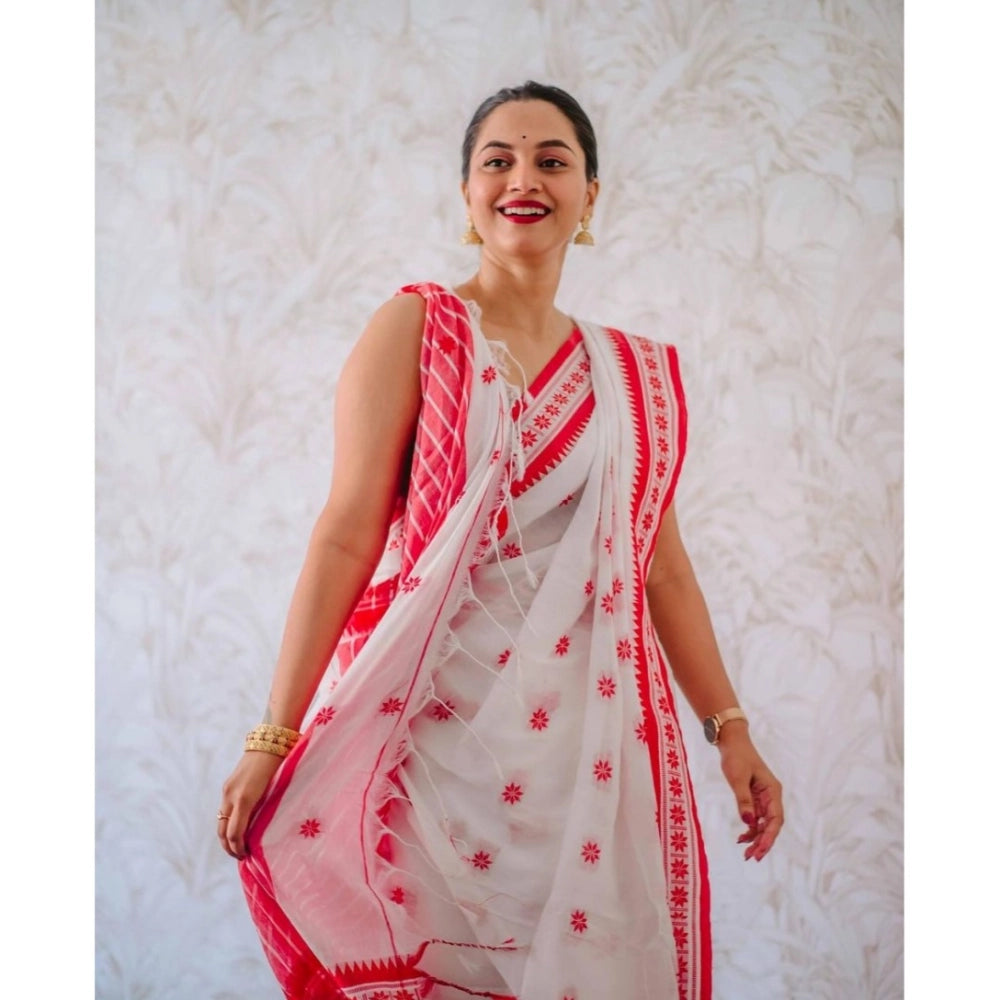 Generic Women's Cotton  Printed Saree With Unstitched Blouse 5.5Mtr (White-Pink)