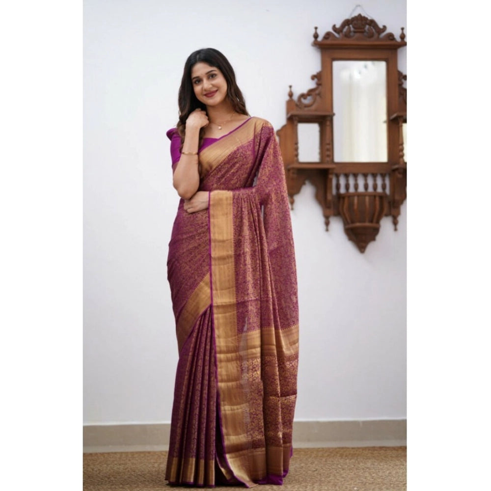 Generic Women's Silk Printed Saree With Unstitched Blouse 5.5Mtr (Wine)