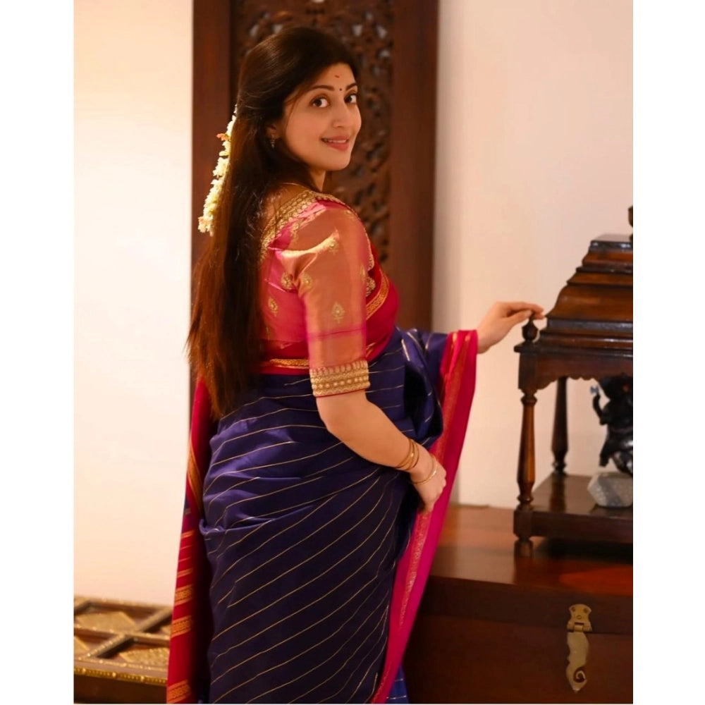 Generic Women's Silk Printed Saree With Unstitched Blouse 5.5Mtr (Navy Blue)