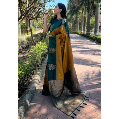 Generic Women's Silk Printed Saree With Unstitched Blouse 5.5Mtr (Yellow)