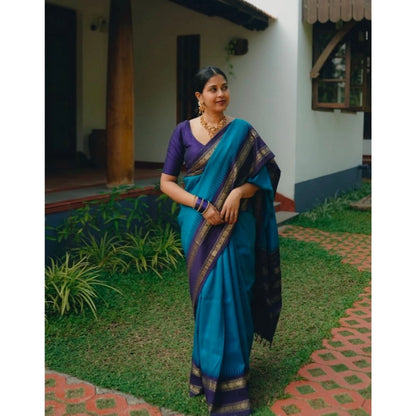 Generic Women's Silk Printed Saree With Unstitched Blouse 5.5Mtr (Blue)
