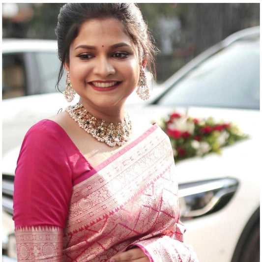 Generic Women's Silk Printed Saree With Unstitched Blouse 5.5Mtr (Pink)