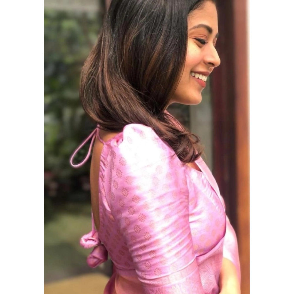 Generic Women's Silk Printed Saree With Unstitched Blouse 5.5Mtr (Pink)