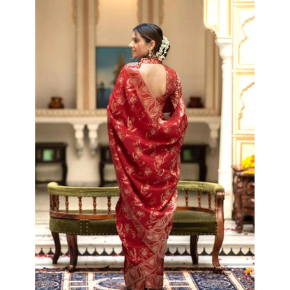 Generic Women's Silk Printed Saree With Unstitched Blouse 5.5Mtr (Red)