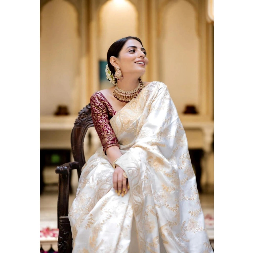 Generic Women's Silk Printed Saree With Unstitched Blouse 5.5Mtr (White)